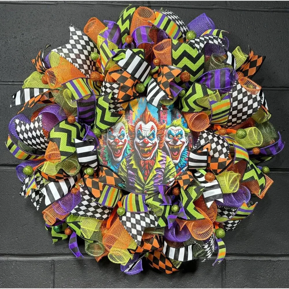 Scary Halloween Wreath Creepy Killer Clowns Handmade XL 24 Inch Deco Mesh